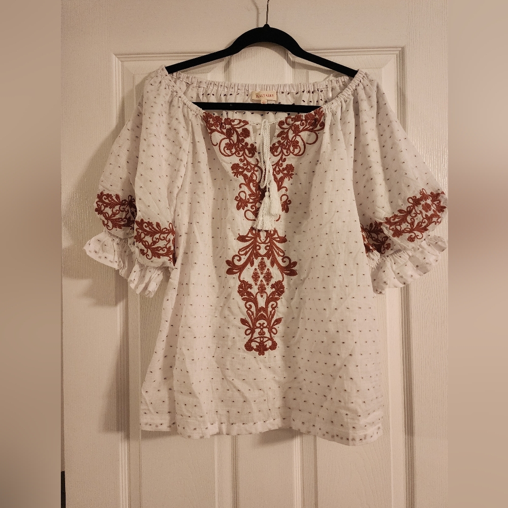 Solitaire White Peasant Blouse with Rust Embroidered Accents
